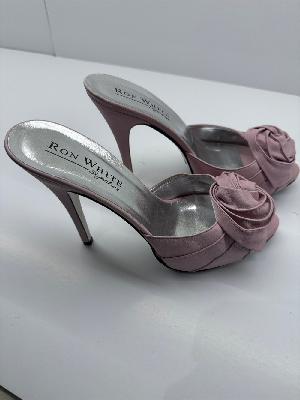 Ron White Signature Pink Rose-Embellished High Heel Mules